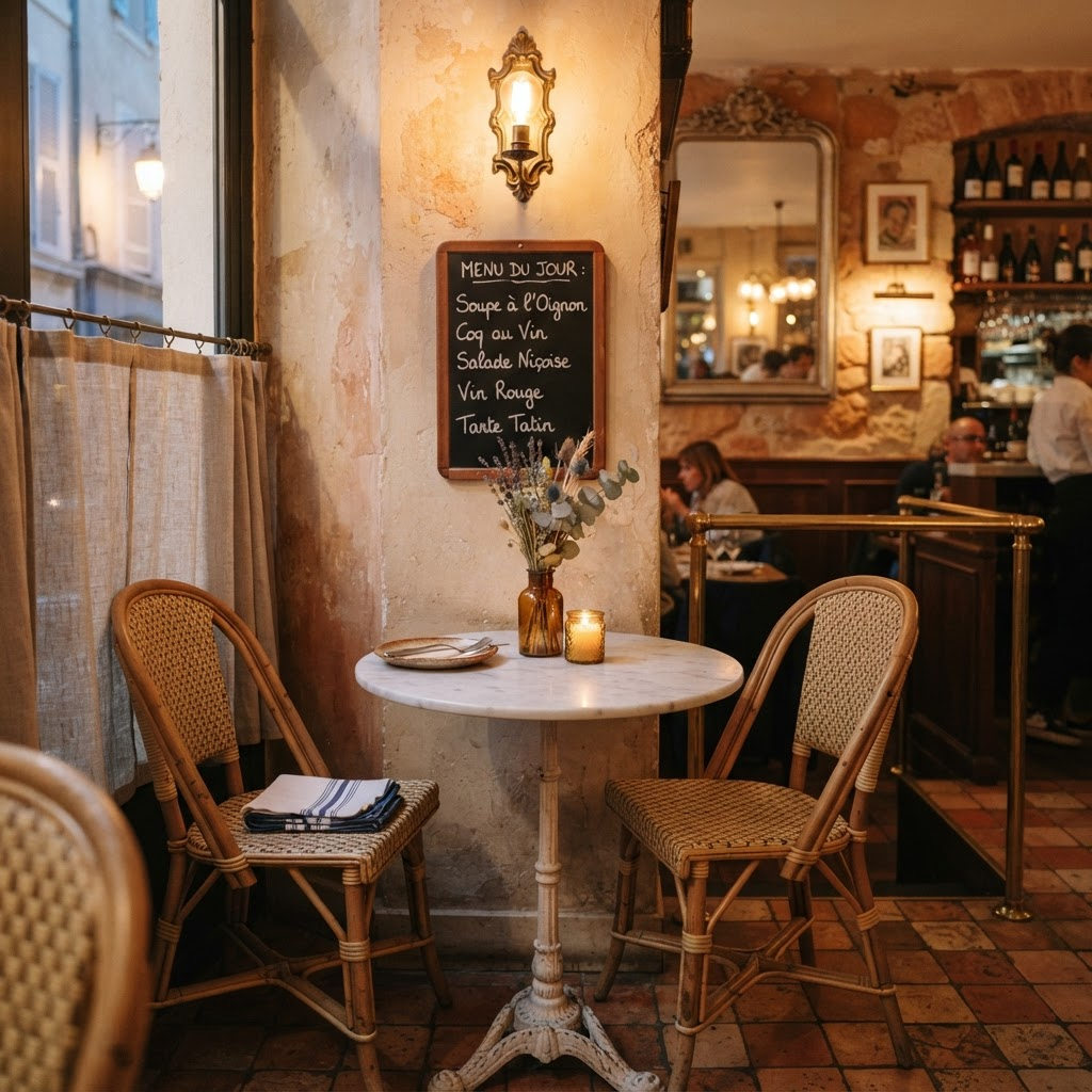 Cozy French bistro-style dining corner with rattan chairs and a chalkboard menu
