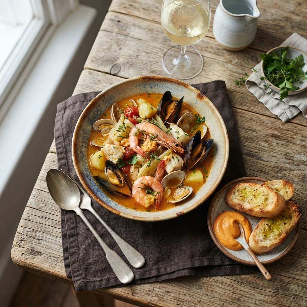 French-style bouillabaisse seafood stew with baguette and rouille sauce