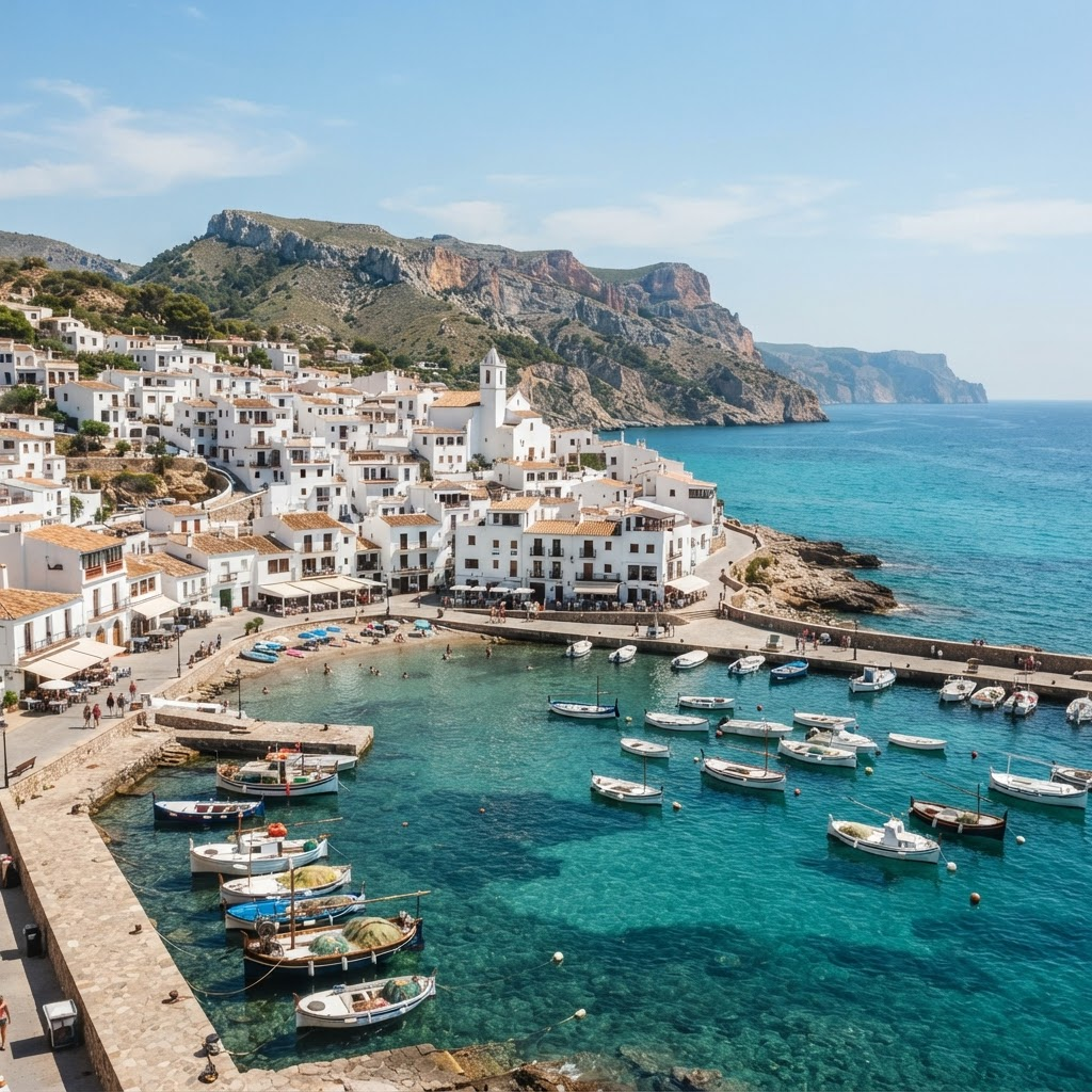 Colorful fishing houses on the seafront of Villajoyosa on the Costa Blanca with boats docked in turquoise water