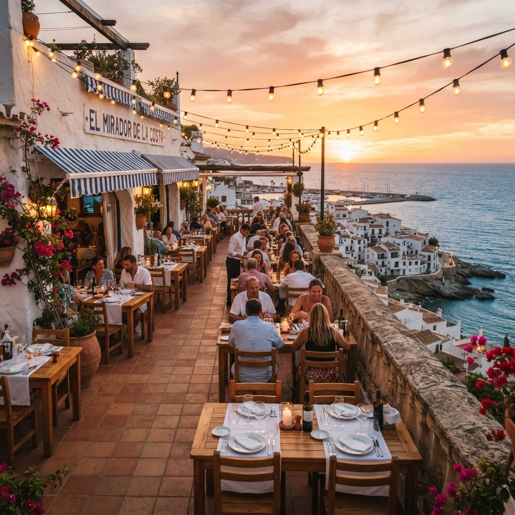 Whitewashed seaside restaurant terrace overlooking the Mediterranean at golden hour