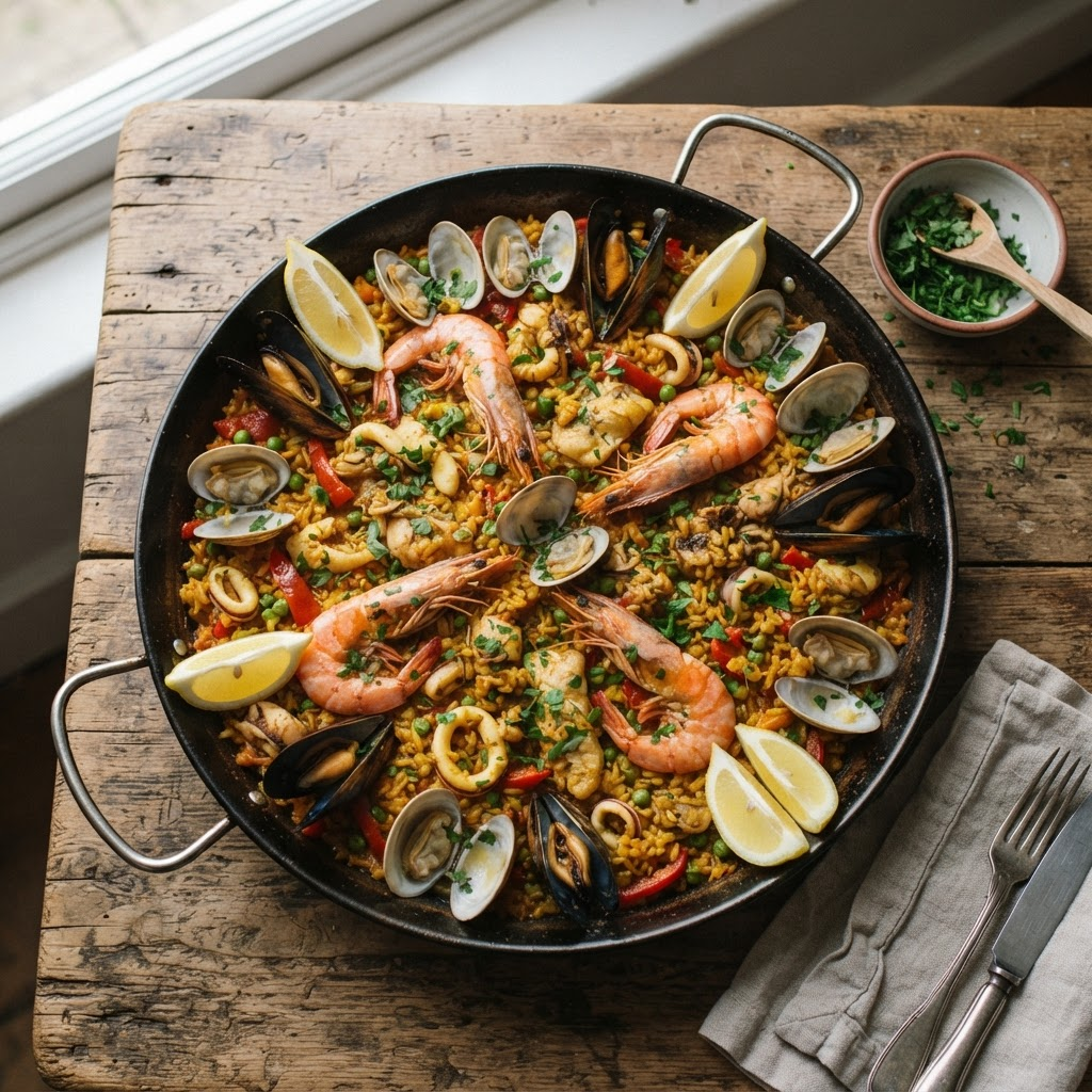 Overhead view of a traditional Spanish seafood paella with prawns, mussels, and clams