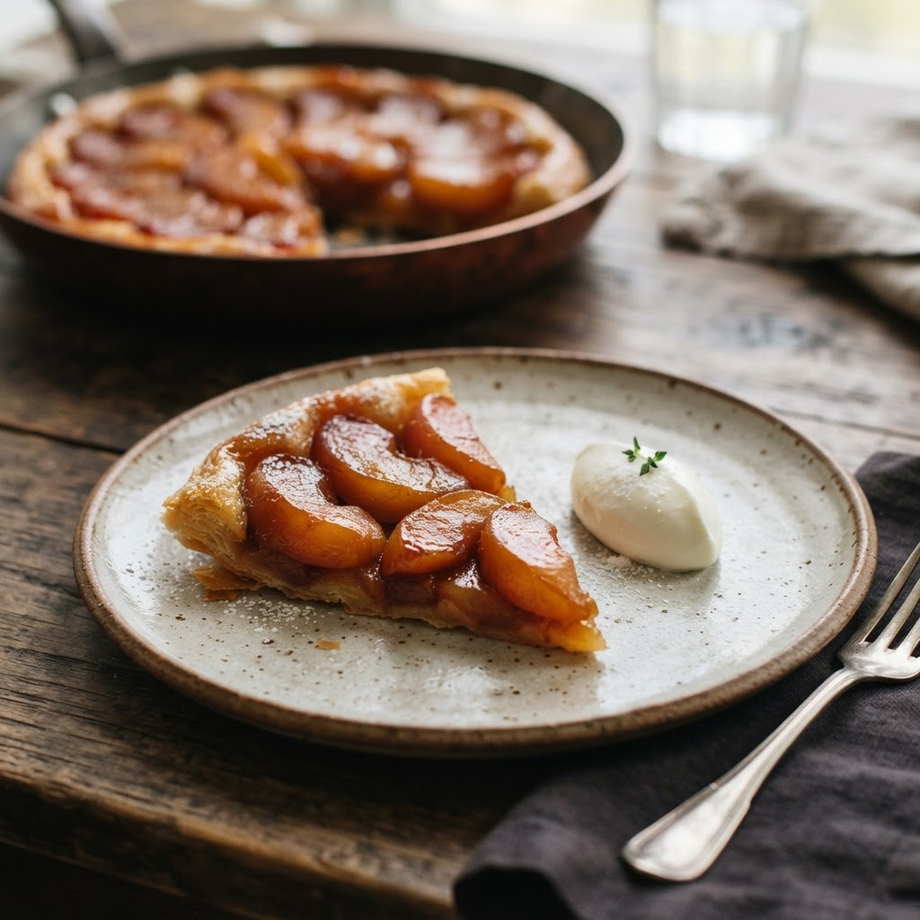 Sliced French tarte tatin caramelized apple tart with crème fraîche